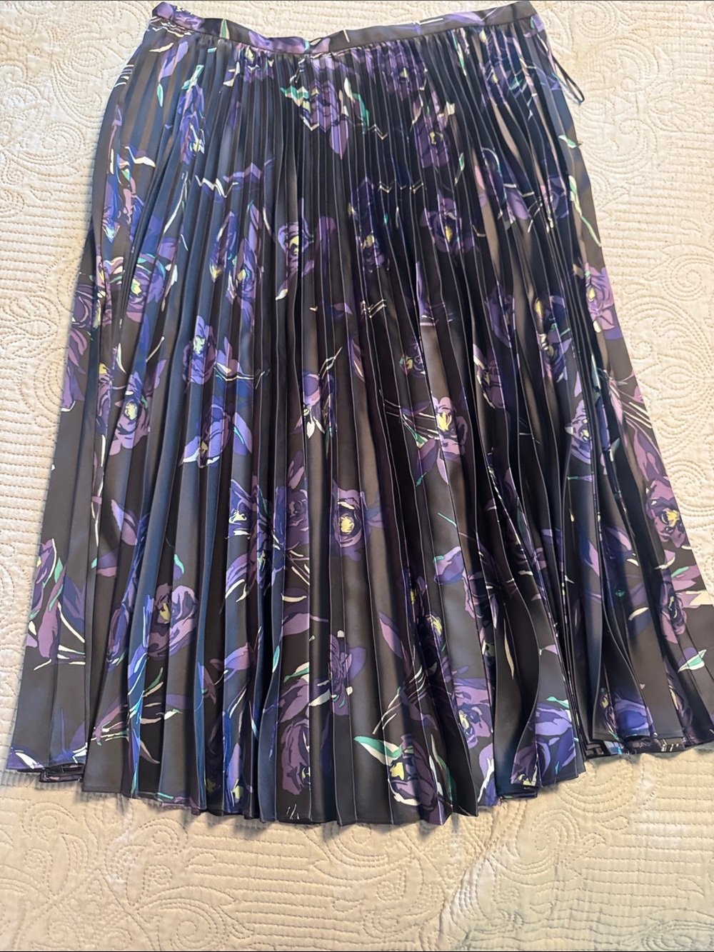 Ralph Lauren Black Pleated Midi Skirt with Purple Floral Print